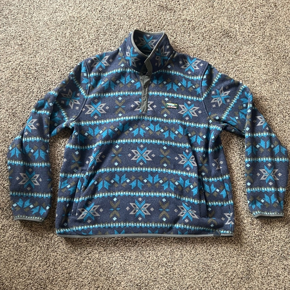 L.L. Bean Pullover Blue Fleece Pullover 1/4 Snap XL Snowflake Nordic Stripe